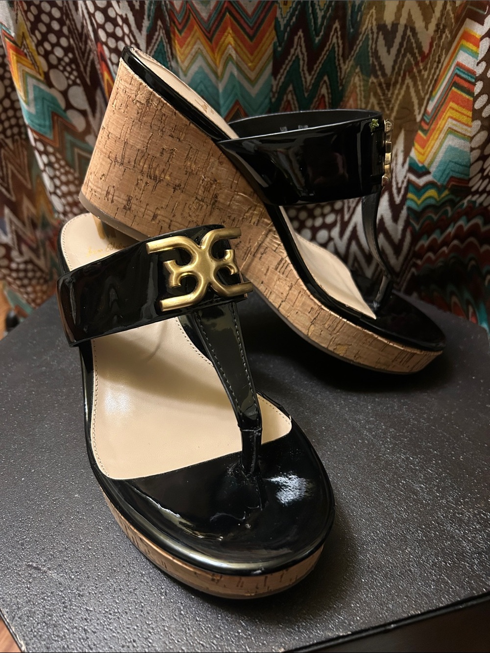 Sam Elderman Patent Black Cork Wedge Thong Sandals with Gold Accent 8M